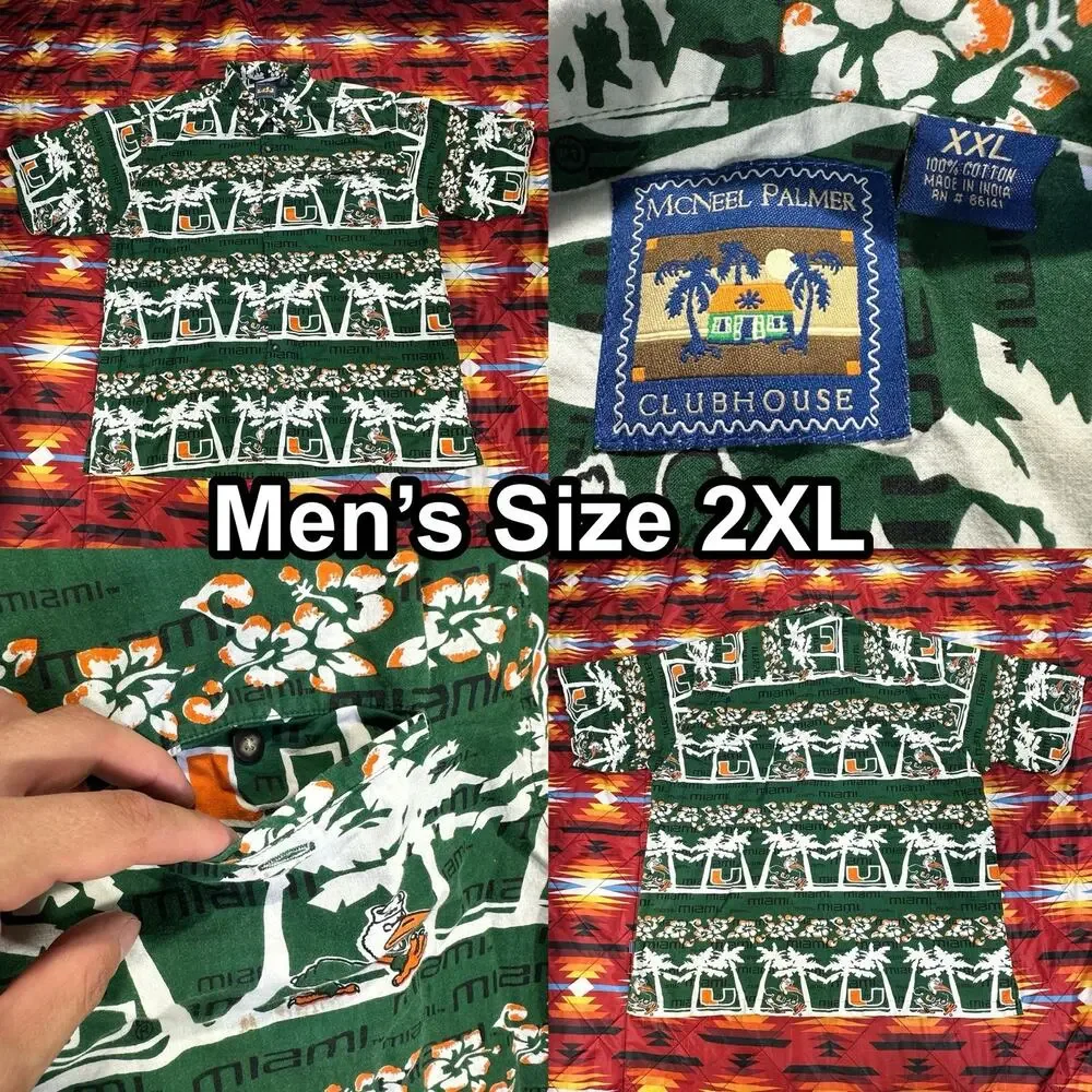 University Of Miami Hurricanes Green Button Up Hawaiian Shirt Men’s Size 2XL